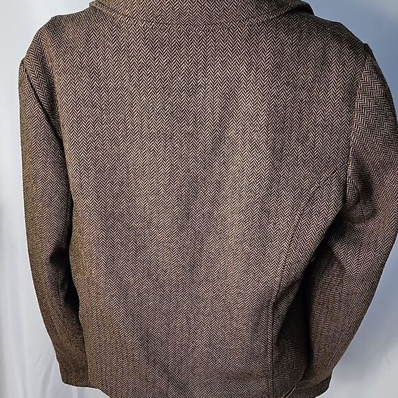 Vintage Herringbone Wool Blend Cropped Zip Up Blazer Size 10 Chocolate Brown - Picture 4 of 10